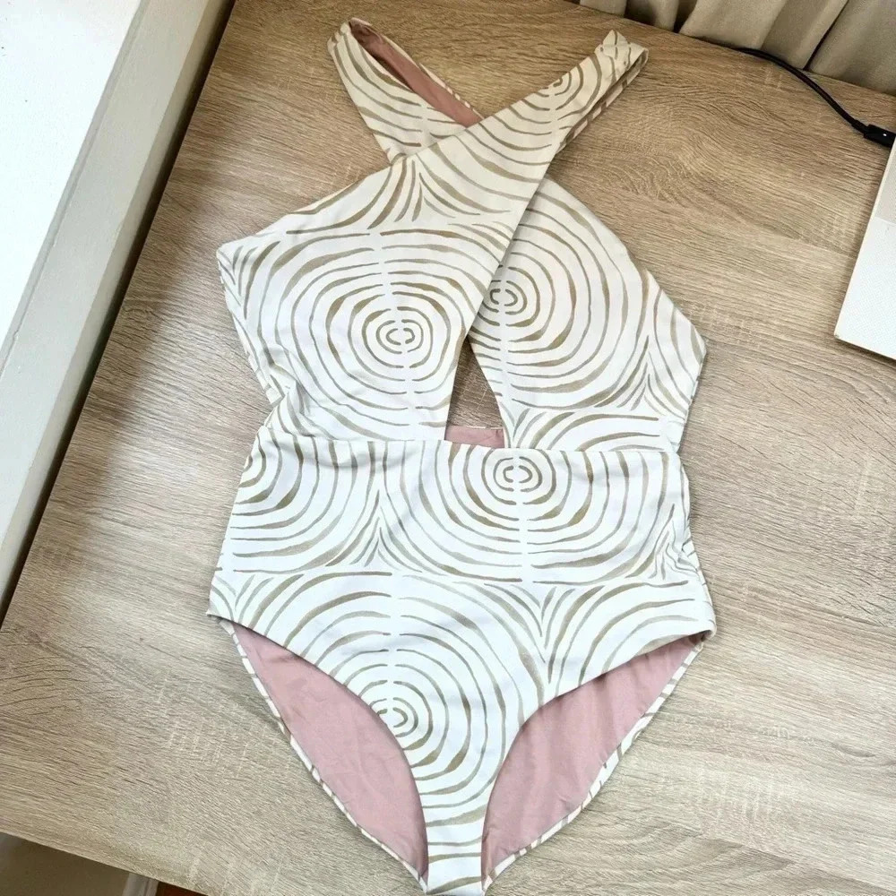 New Cala De La Cruz Susana One Piece Swimsuit Swim Cream Swirl Halter Large